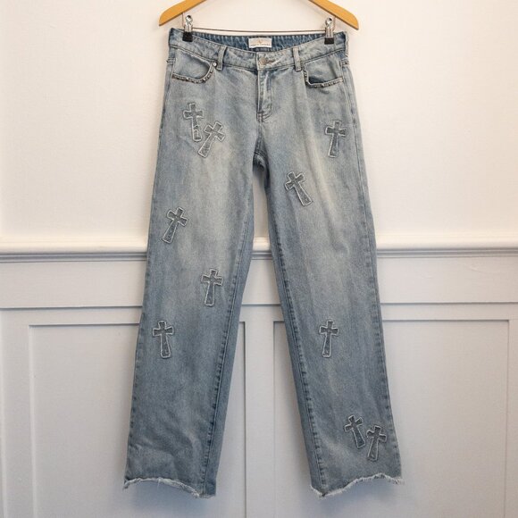 Austin Landing Cross Patch Jeans Size 7 Studded Detail Distressed Hem - Picture 2 of 6